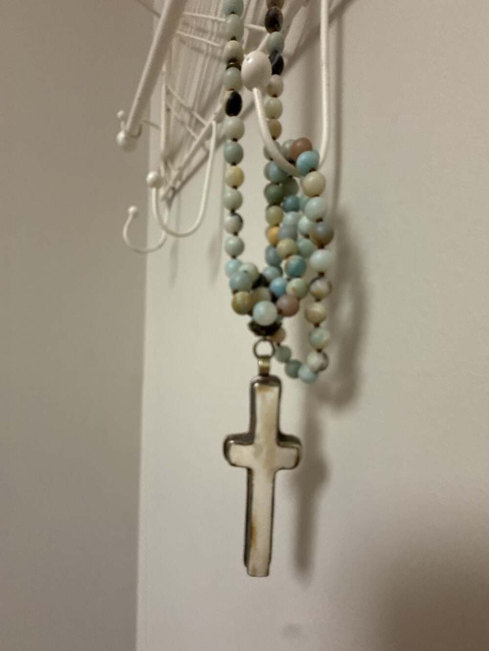 Amazonite Beaded Rosary Style Necklace with Silver Tone Cross Pendant